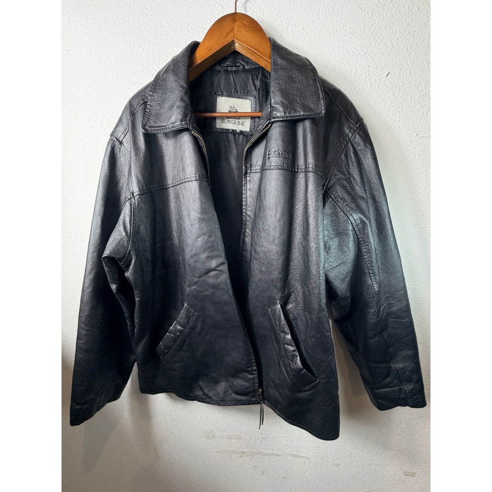 Vintage BURK'S BAY Leather Zip Bomber Jacket Sz XL Black Piston Cadillac Logo